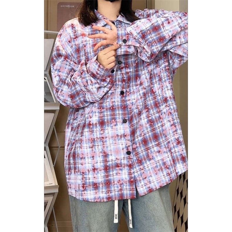 潮流复古扎染格子大码宽松长袖衬衫内搭外套C2204-P40【特价】,男装衬衫,电商A007