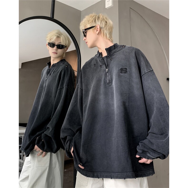 706-1-WY605-P65秋季男士复古做旧水洗立领半拉链卫衣潮牌外套,男装卫衣,星座706-1