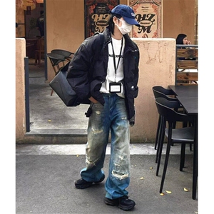 高街破洞脏染废土风牛仔裤男款秋冬季痞帅直筒阔腿长裤子 N7644图片