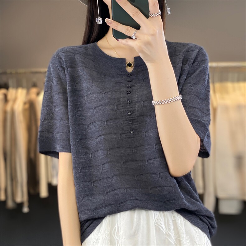 23夏季薄款竹节麻V领针织短袖女百搭纯色套头T恤宽松显瘦半袖上衣,针织衫/毛衣,大美人包芯纱店