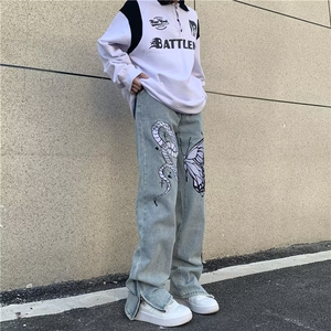 美式高街hiphop复古刺绣牛仔裤男百搭拉链微喇叭休闲情侣长裤P65图片