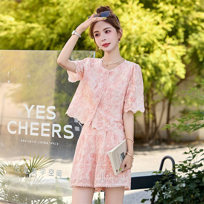 2025夏季新款时尚蕾丝花边拼接套装短裤女,女装套装/套裙,沁沁公主