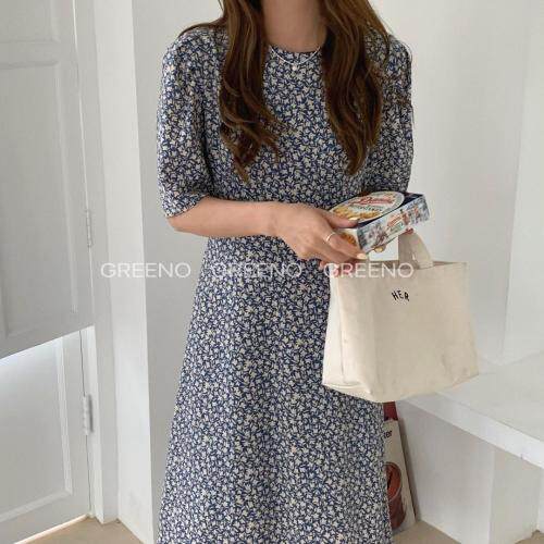 收腰碎花连衣裙，女装连衣裙，GREENO