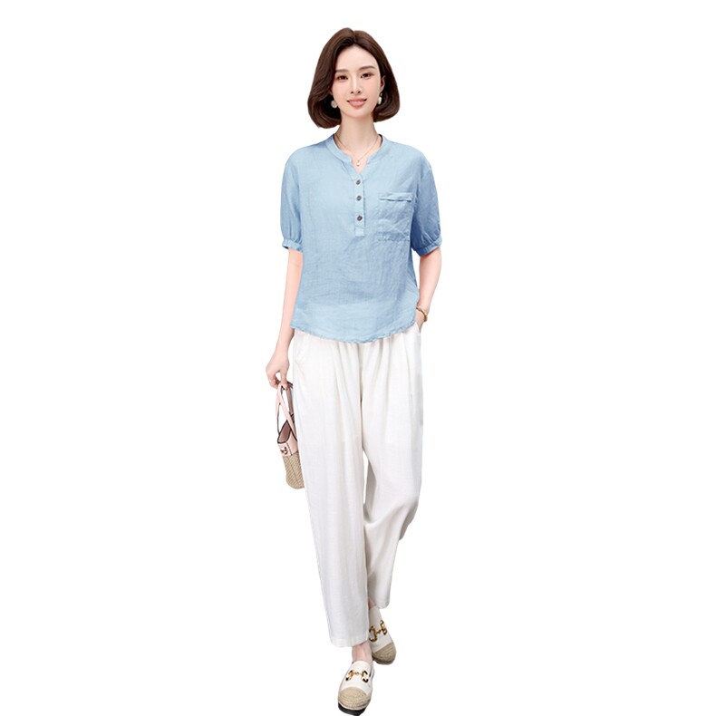 薄款棉麻休闲套装女夏季2025新款中年妈妈时尚洋气亚麻衬衫两件套,女装套装/套裙,凝聚力