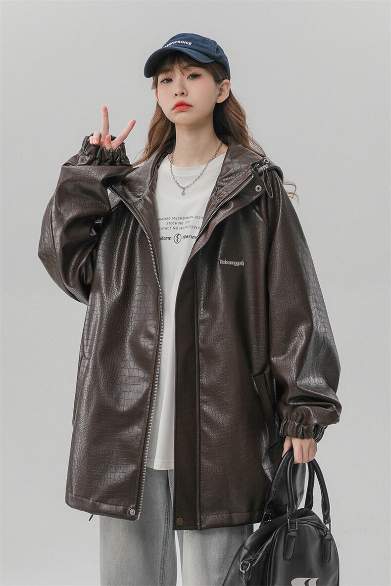 中性连帽鳄鱼纹PU皮衣大码情侣休闲冲锋衣夹克男JK8744P90控128,女装短外套,星座226-2