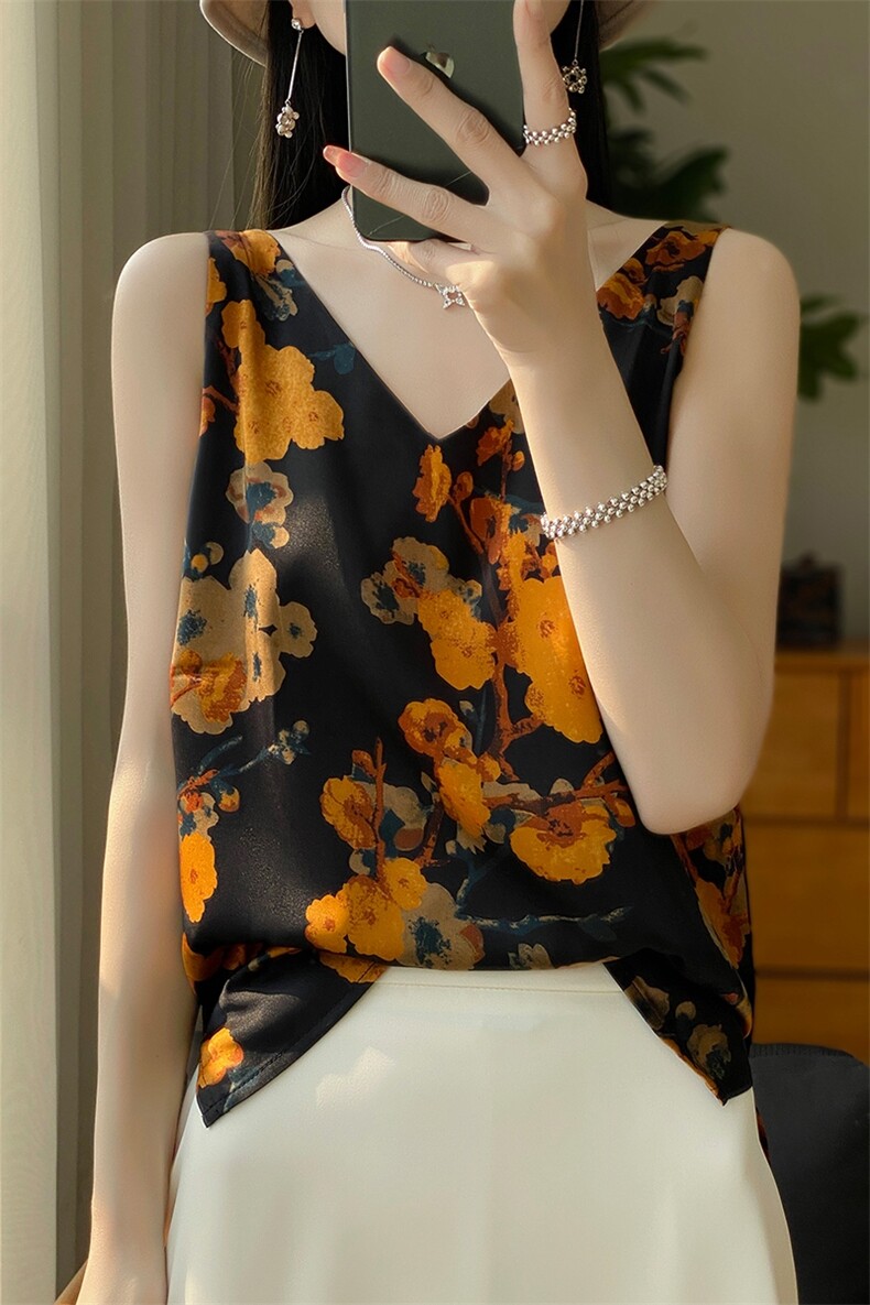 法式缎面显瘦V领外穿吊带背心女2024年夏季新款,女装背心吊带,绒宛羊绒