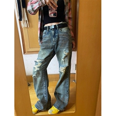 美式街头复古破洞牛仔裤女夏天薄款设计感高腰阔腿长裤宽松裤子潮，男装牛仔裤，星座506A