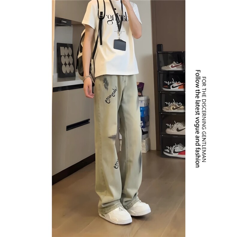 美式欧美炸街裤子夏季新款小众设计感扎染喷墨牛仔裤ins高街长裤,男装牛仔裤,星座1210-1