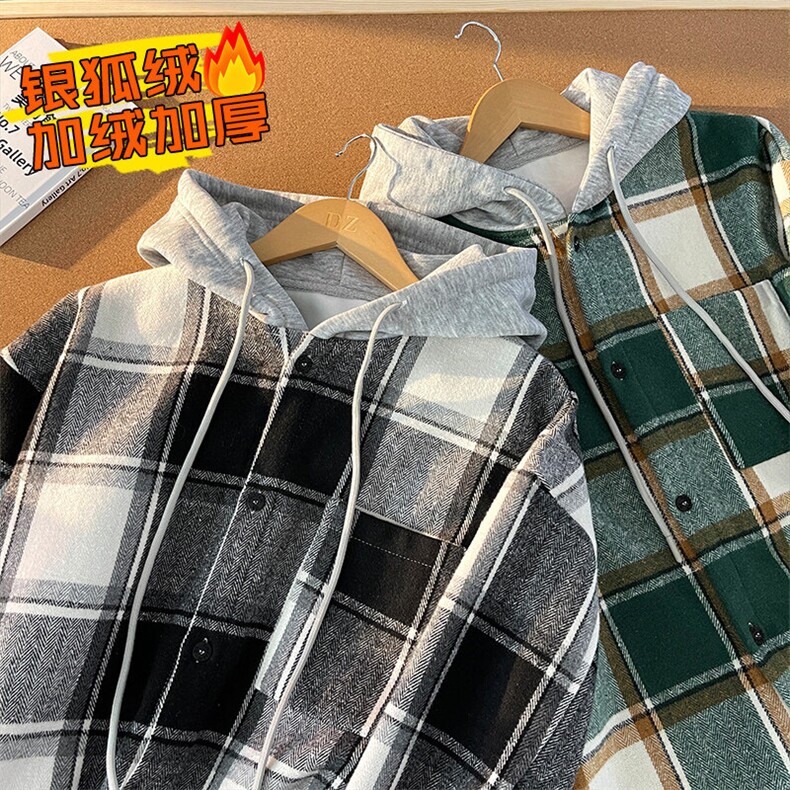 冬款大码呢料磨毛连帽宽松百搭加绒加厚衬衣外套J25858J加绒-P60图片