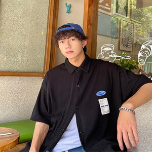 1港风情侣贴布衬衫大码M-5XL网红潮短袖衬衫男DCS7813P45控68图片
