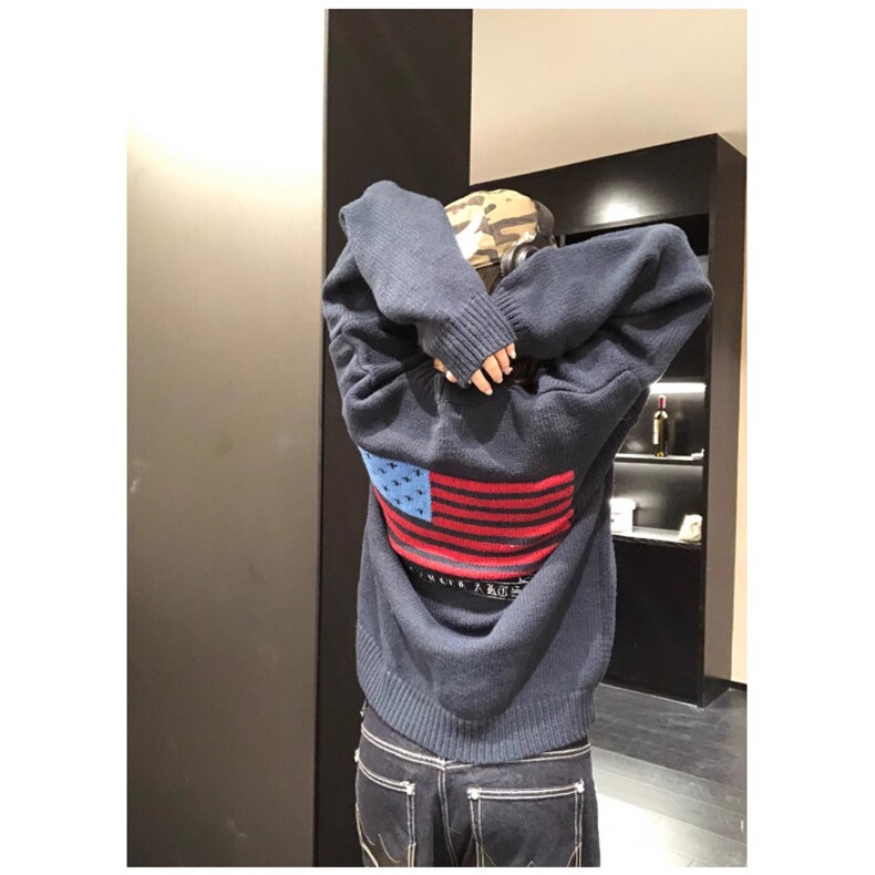 美式复古旗帜字母提花毛衣男女cleanfit慵懒风百搭宽松情侣针织衫,男装针织衫/毛衣,星座506A