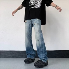 港风秋款男女牛仔裤破洞流苏直筒宽松长裤NK8032P45，男装牛仔裤，星座1013-1