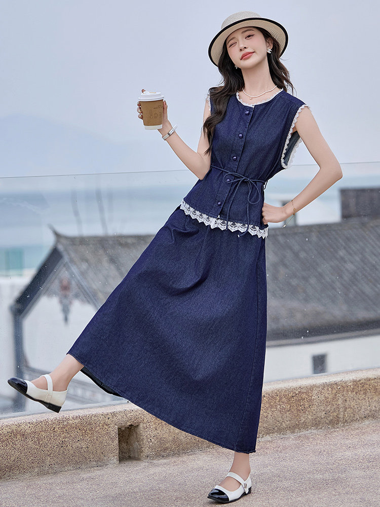 新品现货2025夏装水洗轻薄牛仔套裙两件套女,女装套装/套裙,苗苗