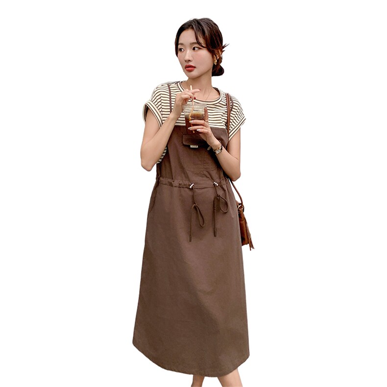 条纹拼接假两件连衣裙女2024年夏季新款今年流行时尚收腰气质裙子,女装连衣裙,辉之琳