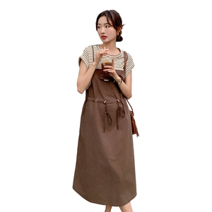 条纹拼接假两件连衣裙女2024年夏季新款今年流行时尚收腰气质裙子图片