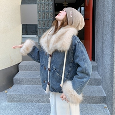 浅蓝色毛毛拼接牛仔派克服女2025冬季新款小个子保暖加厚短款棉服，女装棉衣/棉服，2C057