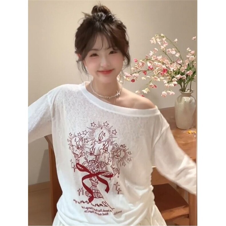 美式斜肩长袖t恤女春季新款涂鸦印花慵懒风防晒罩衫宽松薄款上衣,男装防晒衣,星座1210-1