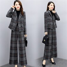 2024新款女装冬两件套裤大码格子毛呢外套阔腿裤休闲时尚套装女潮，女装套装/套裙，香莘料