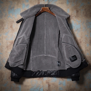 复古皮毛一体飞行服夹克保暖机车服男外套大码短款皮衣F6000*图片