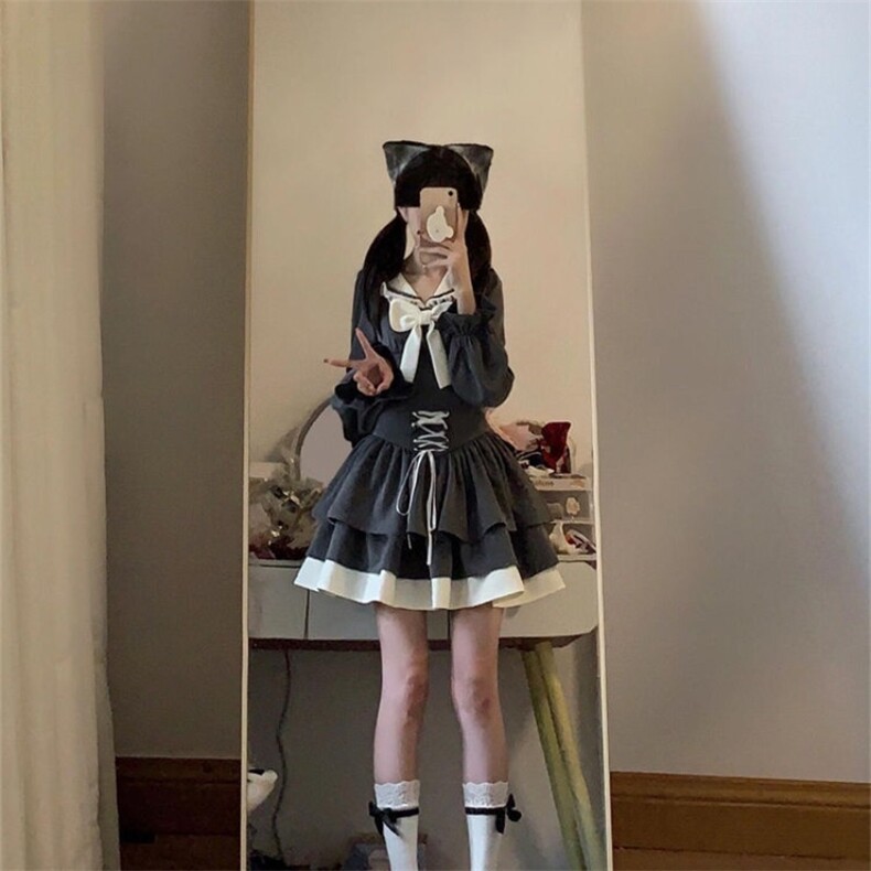 两件套装可爱学院风小个子海军领蝴蝶结上衣搭配绑带拼接半身短裙,女装套装/套裙,星座1210-1