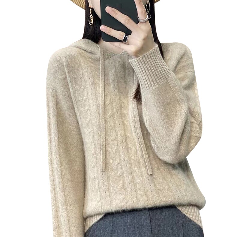 韩版慵懒风连帽针织衫女宽松显瘦纯色毛衣外套秋冬新款潮流,针织衫/毛衣,萱芳婷羊绒