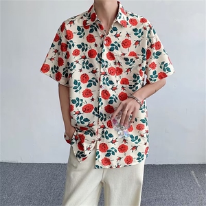港风复古玫瑰花满印短袖衬衫男女夏威夷潮流宽松情侣上衣痞帅衬衣
