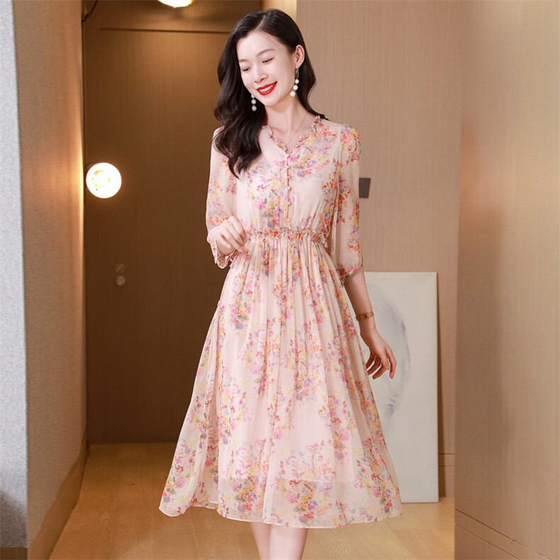 真丝连衣裙2025夏季新款大码女装衣服桑蚕丝高端精致气质碎花裙子,女装连衣裙,阿舍尔精品