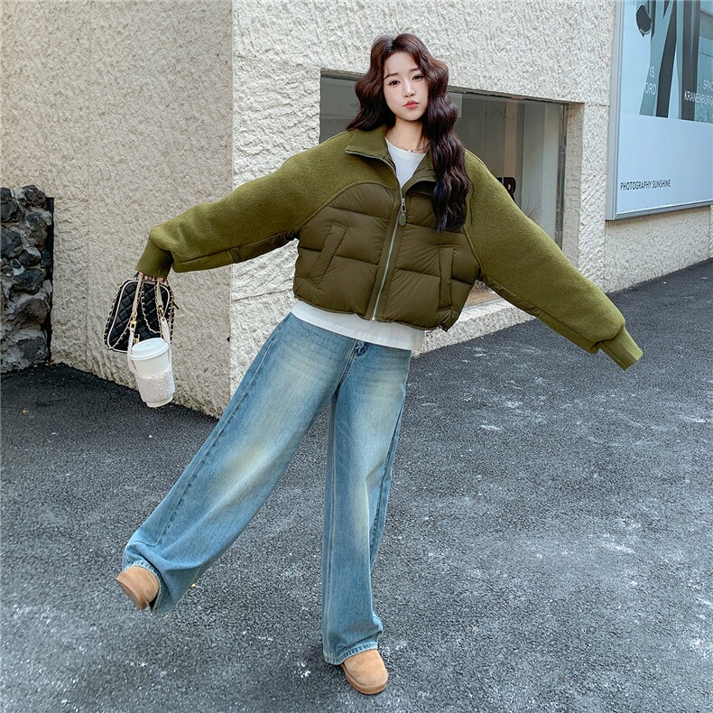 短款立领毛呢拼接羽绒服女2025冬季新款小个子白鸭绒面包服外套潮,女装羽绒服,琦鑫阁（原依鑫阁）