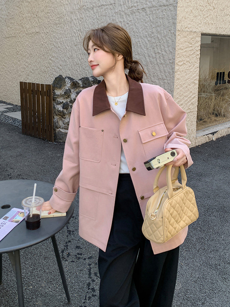 【现货】新款粉色撞色外套082-6630P150K218,女装风衣,浙宝192（原082）