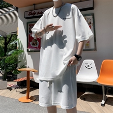 KT2大码男女休闲华夫格宽松T恤短裤套装抖音品质情侣字母印花外套，男装休闲套装，星座115A-3
