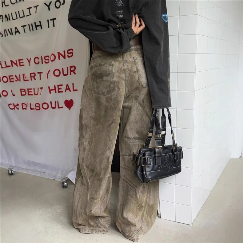 美式高街辣妹做旧脏脏弯刀牛仔裤女2025秋冬新款宽松显瘦阔腿裤子,男装牛仔裤,星座506A