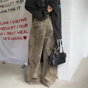 美式高街辣妹做旧脏脏弯刀牛仔裤女2025秋冬新款宽松显瘦阔腿裤子