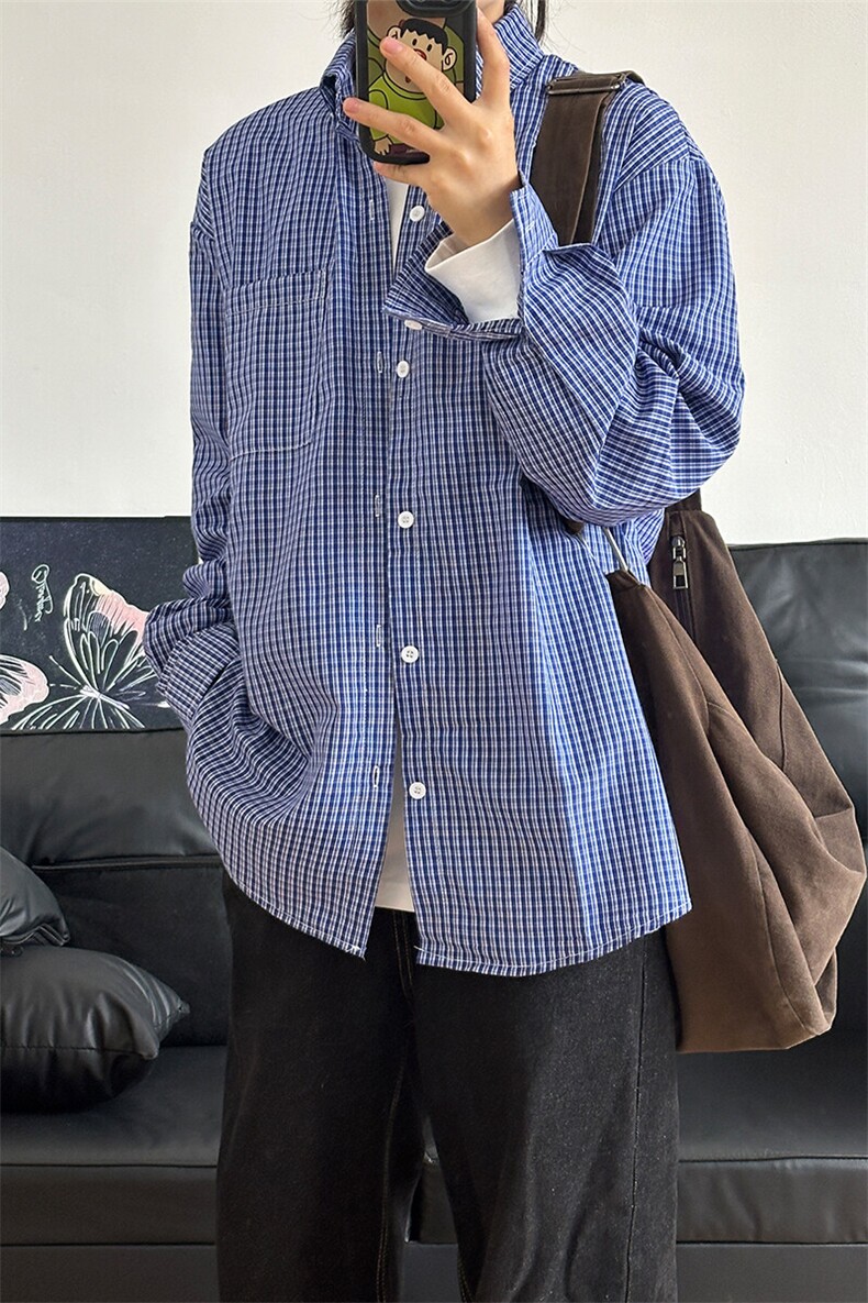格子衬衫春夏美式蓝色格子衬衫港风情侣装休闲长袖衬衣CS276-P35,男装衬衫,星座301C-5