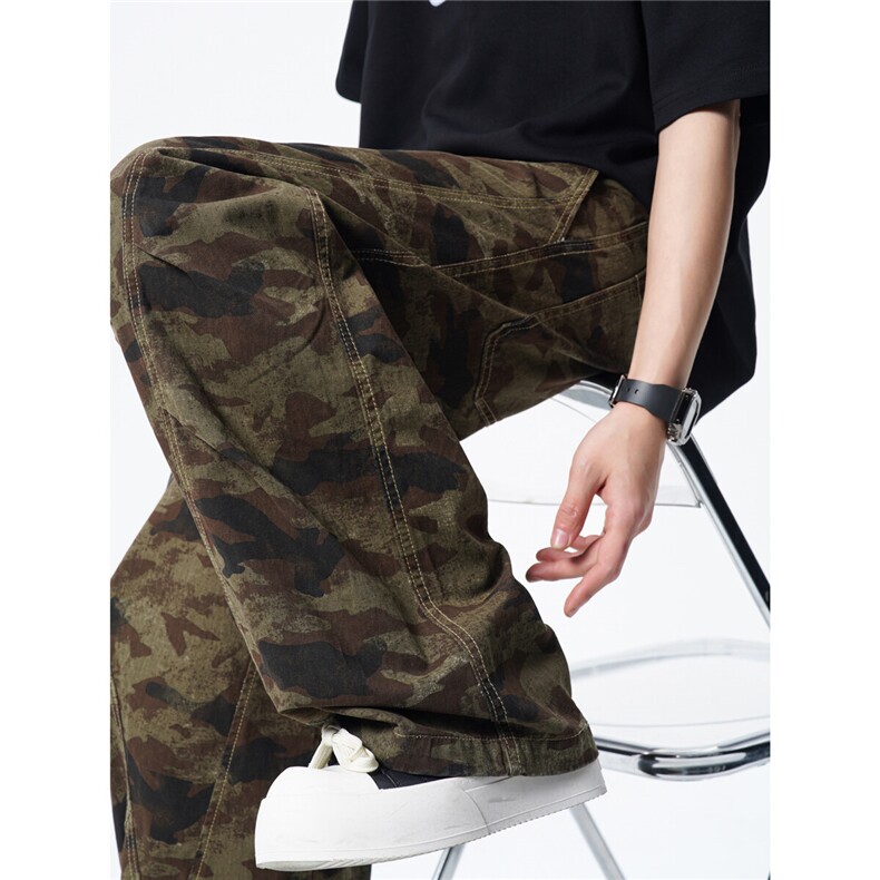 胖胖哥美式纯棉工装迷彩弯刀裤男款秋季大码宽松直筒阔腿长裤子,男装休闲裤,星座815A