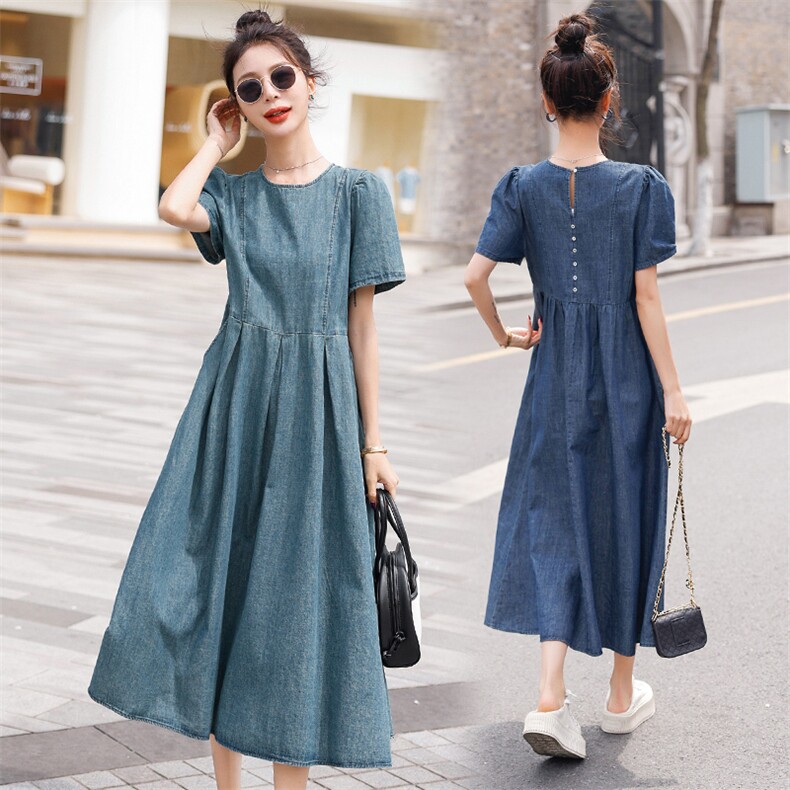 现货2023时尚牛仔连衣裙韩版修身气质长款长裙短袖，女装连衣裙，钱塘布衣