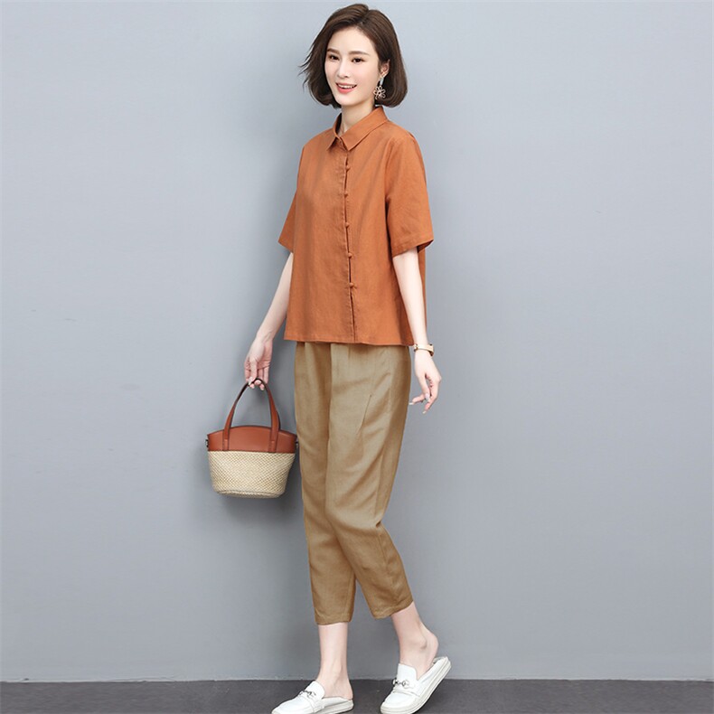 时尚休闲套装女2025新款夏装薄款棉麻翻领韩版宽松显瘦洋气两件套,女装套装/套裙,忆绮罗
