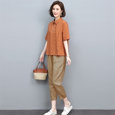 时尚休闲套装女2025新款夏装薄款棉麻翻领韩版宽松显瘦洋气两件套，女装套装/套裙，忆绮罗