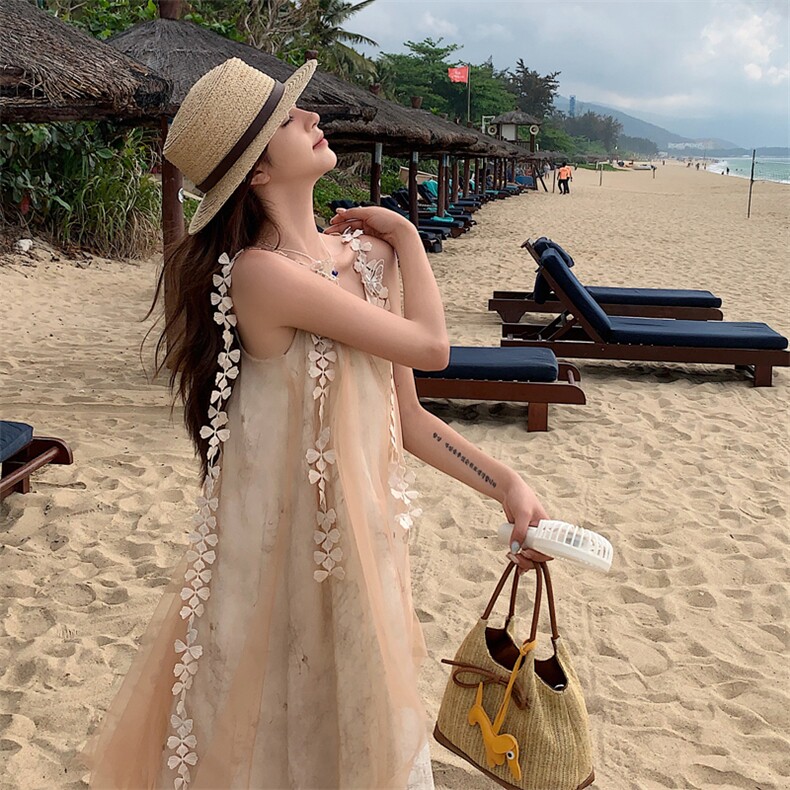 法式海边度假假两件连衣裙女夏季新款显瘦洋气减龄超仙网纱吊带裙,女装连衣裙,2C266