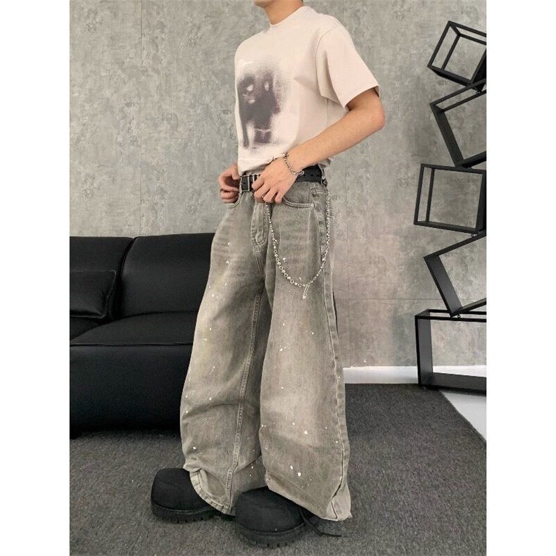 美式复古水洗做旧baggy宽松休闲牛仔裤重磅弯刀阔腿裤男款潮,男装牛仔裤,星座506A
