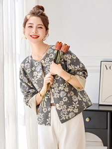 气质印花棉麻短外套女2026春秋新款独特漂亮圆领休闲百搭开衫上衣图片