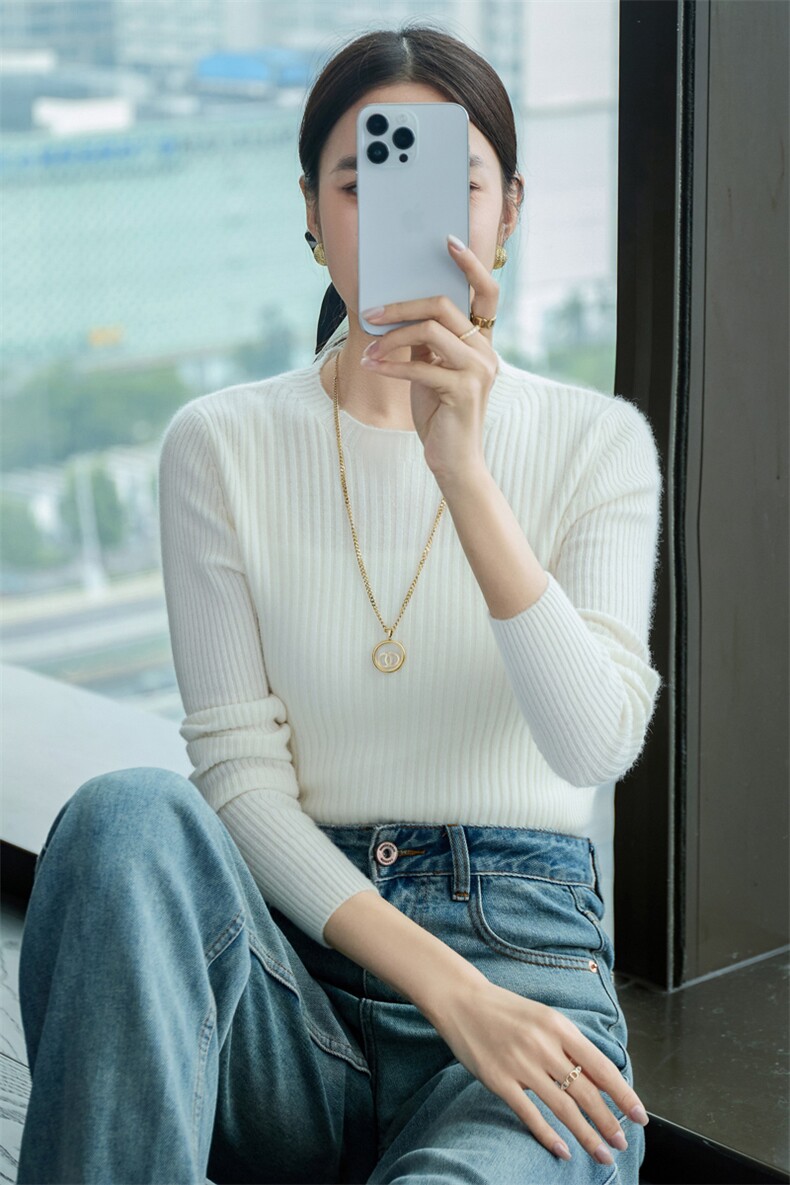 气质高级感时尚百搭拼接抽条圆领羊毛衫,女装羊毛衫,百越羊绒