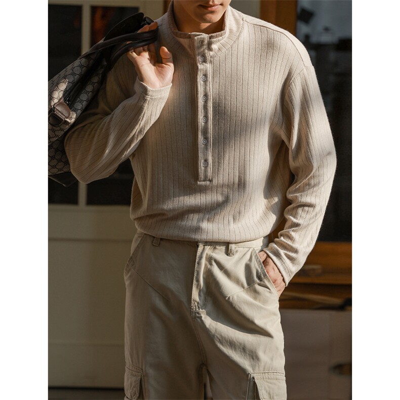 老钱风380g高克重双层撞色亨利领大码长袖T恤男T24523-特P50控98，男装T恤，电商A001-1