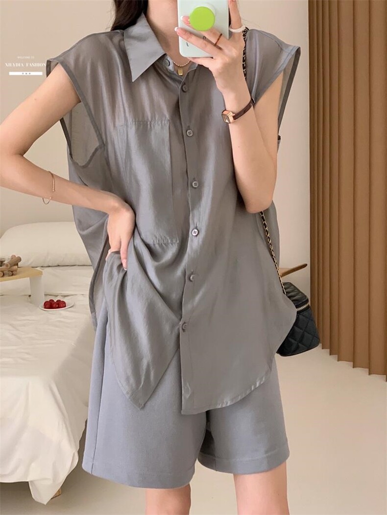 防晒套装女薄款欧洲站夏季2022新款欧货衬衫阔腿短裤两件,女装职业装,香丽迪1