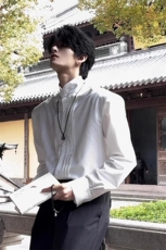 新中式国风宫廷垫肩衬衫男早秋cleanfit廓形褶皱立领汉服长袖衬衣，男装衬衫，星座908-1