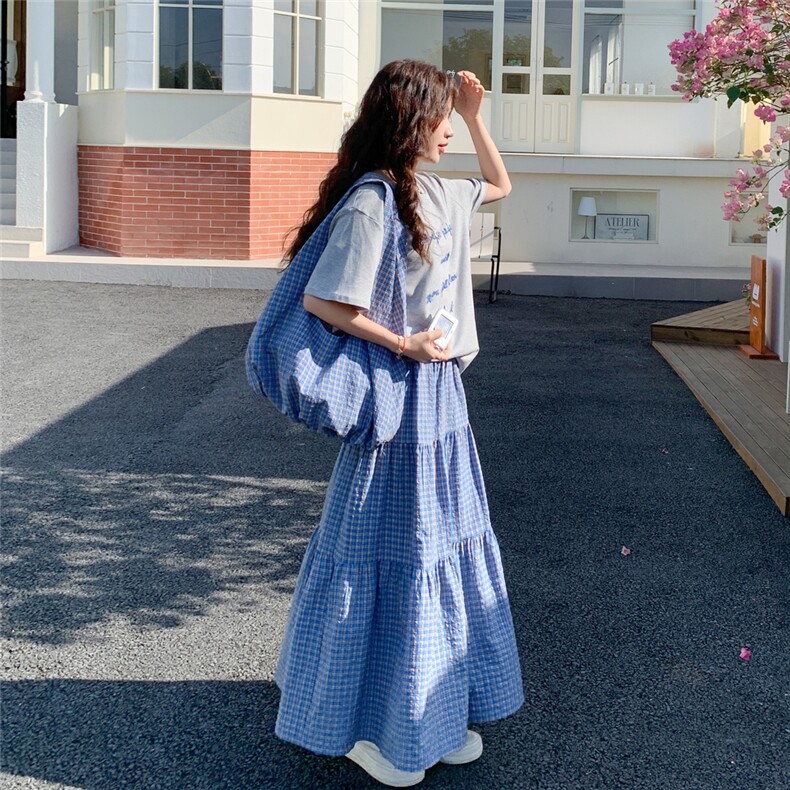 2025夏季新款韩版圆领字母刺绣休闲宽松T恤格子半身裙两件套装女,女装套装/套裙,2C203