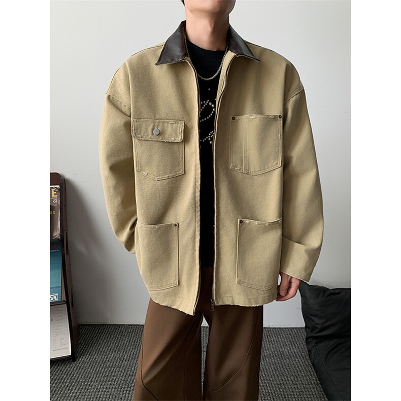 港风秋款男夹克衫工装大口袋PU皮领宽松休闲外套JK1043P80,男装夹克,星座1013-1