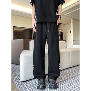 8XL-M重磅条纹运动卫裤特大码阔腿直筒长裤三条杠休闲裤KZ1946P55图片