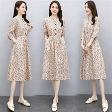2021春装新款印花棉麻连衣裙修身时尚舒适连衣裙，女装连衣裙，欣贝拉