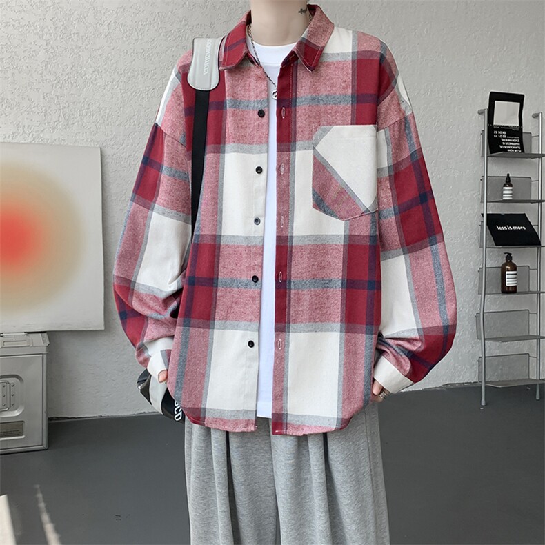 衬衫男春季新款港风宽松大码磨毛格子长袖衬衣CS6636-特P29，男装衬衫，星座214-3