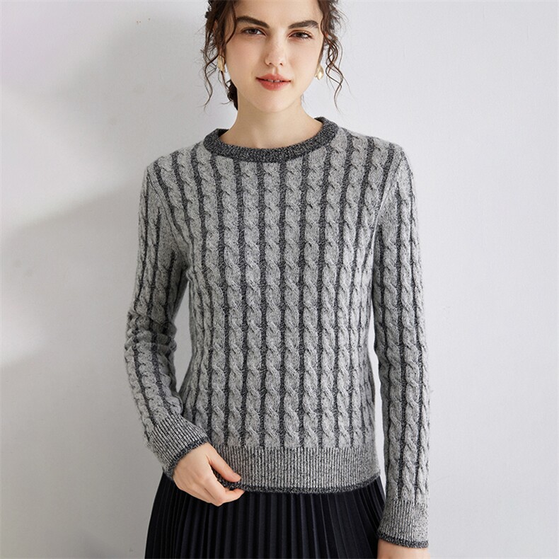 花纱圆领加厚绞花羊绒衫2024年秋季长袖羊绒，女装羊绒衫，旭日羊绒